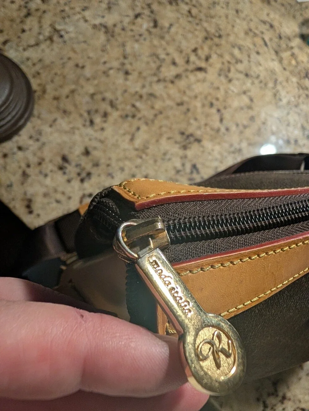 Rioni Signature Brown Monogram Messenger Bag Leather Accents Italian Crossbody